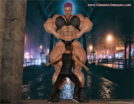 short_hair mini_giantess muscles looking_down ilayhu indoors hands_on_hips digital_render