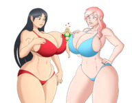 bikini drawing blushing blonde black_hair color blue_eyes red_eyes huge_breasts pink_hair no_background looking_at_tiny between_breasts modezombie