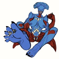 breasts drawing giantess pussy feet color toes soles demon smiling blue_skin doom between_toes monster_girl no_background summoner