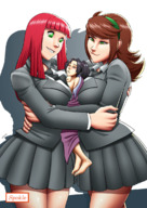 drawing size_difference color long_hair brunette smiling red_hair uniform shrunken_woman looking_down hugging no_background spokle
