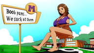 breasts drawing giantess mega color long_hair barefoot cleavage buildings green_eyes huge_breasts brunette school kim_possible dark_skin disney ripped_clothing sitting_on_building sign cheerleader_uniform bonnie_rockwaller ydbunny