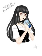 drawing blonde black_hair color long_hair glasses red_eyes ponytail drink shrunken_woman looking_at_viewer imminent_vore no_background in_drink beatricegiganta nyu_kinks
