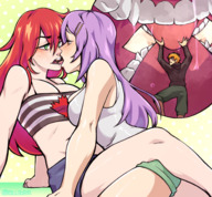 drawing blushing color long_hair purple_hair red_hair kissing lesbians shrunken_man inside_mouth no_background cutaway bare_midriff hollewdz