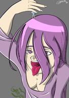 drawing vore color long_hair tongue cleavage saliva purple_hair open_mouth dangle imminent_vore no_background garber09