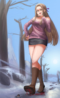 drawing crush long_hair skirt blood brunette smiling gore walking shrunken_people laughing shoe_crush outdoors running_away