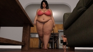 breasts gentle large_breasts brunette smiling bbw lingerie belly walking shrunken_man looking_down floor thick_thighs looking_at_tiny digital_render galiagan stretch_marks