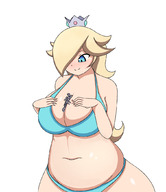 bikini drawing blonde color large_breasts blue_eyes cleavage crown shrunken_people no_background princess_rosalina between_breasts shinrinyoku
