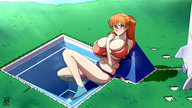 bikini drawing giantess blushing color destruction blue_eyes huge_breasts neon_genesis_evangelion pool looking_at_viewer ripped_clothing orange_hair asuka_langley_soryu ydbunny