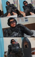 feet black_hair armor clothed handheld toes barefoot soles glasses sequence low_angle insole in_shoe asian sitting shrunken_woman falling dangle indoors dropped see_through panels legs_crossed shoe_insertion picked_up looking_at_tiny digital_render hair_bun discarded_footwear rainbow_six_siege bantoras ying