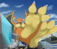 drawing nipples giantess crush pokemon nude feet furry anthro city color large_breasts destruction claws toes buildings soles low_angle smiling sitting underboob foot_crush reptile vehicles smoke outdoors running_away relaxing legs_crossed sitting_on_building sharp_teeth debris scalie charizard knoem chari-gal kurtcbrox