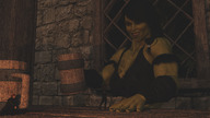 black_hair long_hair cleavage smiling shrunken_men sitting hiding indoors tattoo orc monster_girl on_table looking_at_tiny mug digital_render orc_girl clothing_entrapment between_breasts ragewood
