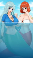 drawing giantess blushing mega color long_hair cleavage blue_hair huge_breasts mermaid smiling red_hair looking_down giantesses necklace ships on_boobs orenji