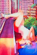 drawing giantess city color long_hair swimsuit barefoot blue_hair lying_down smoking outdoors closed_eyes