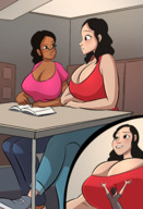 black_hair long_hair cleavage glasses huge_breasts sitting unaware shrunken_man dark_skin indoors on_table on_desk caiman2