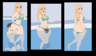 bikini drawing blushing blonde color large_breasts long_hair butt cleavage shrinking pool shrunken_man outdoors necklace screeeow
