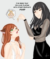 drawing giantess vore black_hair color long_hair cleavage saliva brunette domination fishnets shrunken_woman cruel cat_girl beatricegiganta nyu_kinks