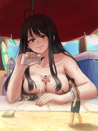 breasts drawing nipples gentle blushing black_hair color large_breasts long_hair beach cleavage brunette topless smiling lying_down shrunken_men shorts shrunken_man looking_down outdoors lotion ahoge surfboard sunscreen looking_at_tinies between_breasts kuroihassan