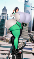 drawing giantess blushing black_hair buildings huge_breasts short_hair outdoors big_butt thick_thighs skintight_clothing someshittysketches