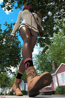 upskirt clothed skirt glasses low_angle in_shoe socks walking shrunken_man dark_skin outdoors curly_hair under_foot see_through multicolored_hair digital_render bare_legs red_neptune