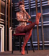 nipples nude feet toes soles stockings topless smiling red_hair sitting foot_crush shrunken_man trapped indoors under_foot jewelry tattoo in_stockings raised_foot in_socks digital_render inside_stockings hair_bun luigi-gts