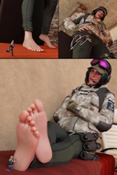 feet blonde clothed toes barefoot soles military sequence low_angle smiling green_hair tights short_hair foot_worship sitting surprised shrunken_woman indoors foot_slave hat panels legs_crossed looking_at_tiny digital_render skintight_clothing ela rainbow_six_siege bantoras iq