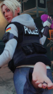 feet blonde armor clothed toes barefoot soles military short_hair surprised shrunken_woman between_toes indoors looking_back raised_foot purple_nails looking_at_tiny digital_render rainbow_six_siege bantoras iq dokkaebi