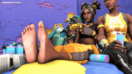 feet black_hair clothed toes barefoot soles brunette short_hair sitting foot_crush animation unaware shrunken_woman mask dark_skin piercing indoors curly_hair relaxing stuck_to_foot blue_nails digital_render hair_buns smexy-nation fortnite wiggling_toes