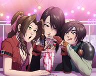 breasts drawing black_hair color handheld tifa_lockhart brunette final_fantasy final_fantasy_7 gloves ponytail aerith_gainsborough shrunken_man drinking video_game jacket yuffie_kisaragi braid straw headband looking_at_tiny milkshake nightinggale24