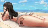 bikini drawing giantess blushing black_hair color long_hair beach handheld lying_down shrunken_men between_legs entrapment thighs outdoors thigh_crush looking_back sideboob thick_thighs bare_legs beach_towel kuroihassan