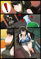 drawing growth giantess blushing city comic black_hair color long_hair destruction cleavage surprised potion drinking outdoors panels dakunart