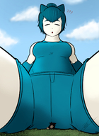 drawing giantess pokemon butt_crush short_hair sitting pinned facesitting gift closed_eyes fedextreme gijinka snorlax