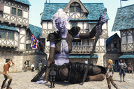 giantess white_hair blonde long_hair armor clothed sword buildings brunette knight gloves elf short_hair sitting town abs looking_down dark_skin world_of_warcraft outdoors night_elf braid crowds dialogue purple_skin square skimpy_clothing looking_at_tiny pointed_ears digital_render hair_bun madamemaeve bare_midriff cywen