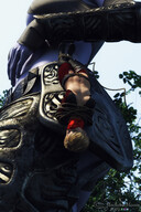 blonde armor clothed low_angle gloves elf short_hair bondage caught shrunken_woman mask dangle world_of_warcraft outdoors night_elf hanging_on purple_skin skimpy_clothing digital_render madamemaeve bare_midriff cywen