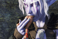 white_hair nude panties feet vore butt armor toes soles high_angle gloves elf shrunken_woman inside_mouth world_of_warcraft outdoors undressing night_elf purple_skin struggling looking_at_tiny digital_render madamemaeve cywen