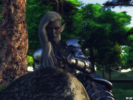 white_hair long_hair armor clothed elf red_hair cruel dark_skin shrunken_person outdoors trees dark_elf flick looking_at_tiny pointed_ears digital_render grey_skin innocent_owl drow_elf