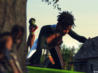 giantess black_hair long_hair clothed cleavage buildings low_angle short_hair looming giantesses hiding dark_skin outdoors all_fours orc dreadlocks monster_girl trees searching skimpy_clothing digital_render tusks orc_girl innocent_owl