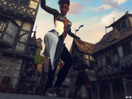 giantess feet black_hair clothed toes buildings soles low_angle smiling short_hair foot_crush town looking_down dark_skin under_foot dreadlocks running_away skimpy_clothing looking_at_tiny digital_render stirrups innocent_owl