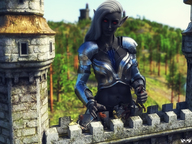 giantess white_hair long_hair armor clothed sword handheld brunette castle knight smiling elf red_hair abs reaching fighting dark_skin jumping grabbing outdoors jewelry tinies trees dark_elf skimpy_clothing looking_at_tiny pointed_ears digital_render grey_skin castle_wall bare_midriff innocent_owl drow_elf