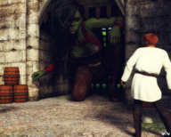 giantess black_hair long_hair clothed cleavage castle kneeling gate outdoors orc monster_girl green_skin looking_at_tiny pointed_ears digital_render tusks castle_wall orc_girl innocent_owl