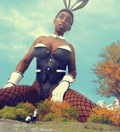 giantess black_hair bunny_ears clothed low_angle gloves short_hair sitting fishnets dark_skin bunny_suit outdoors earrings trees leotard bare_shoulders bunny_outfit skimpy_clothing looking_at_tiny digital_render innocent_owl