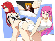 drawing giantess color large_breasts long_hair butt pink_hair red_hair bending_over giantesses choker commission between_butts no_background hair_clip dangerking11 nightingale122 leon_takayashi