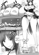 drawing giantess city monochrome large_breasts long_hair destruction toes cleavage buildings smiling sandals looking_down outdoors dialogue