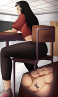 drawing black_hair color long_hair barefoot smiling in_shoe shrunken_man looking_down cutaway sheograth10