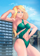 drawing gentle giantess city blonde color large_breasts long_hair butt swimsuit buildings green_eyes muscles standing thighs leaning_against_building garganta commission hand_on_hips bare_legs salinger1 shamserg