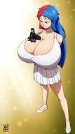 drawing gentle giantess color long_hair clothed cleavage blue_hair huge_breasts smiling sitting looking_down no_background heterochromia multicolored_hair on_breasts lightwarrior39