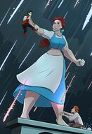 breasts drawing giantess mega black_hair color handheld skirt angry brunette brown_eyes ponytail muscles rain beast fist apron disney hair_bow belle ripped_clothing rooftop looking_at_tiny gaston beauty_and_the_beast bare_midriff caiman2 draconknight545