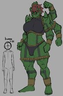 drawing giantess horns large_breasts brunette short_hair mini_giantess muscles amazon shrunken_man monster_girl thick_thighs no_background extra_arms green_skin