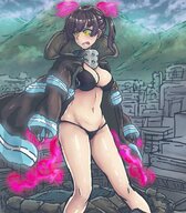 bikini drawing giantess blushing city color large_breasts long_hair destruction buildings brunette looking_down standing thighs outdoors skimpy_clothing embernaga bare_legs bare_midriff tamaki_kotatsu fire_force