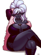 drawing color long_hair butt blue_hair huge_breasts sitting pink_eyes collar shrunken_man looking_down blazbaros earrings legs_crossed dark_elf thick_thighs no_background looking_at_tiny grey_skin between_breasts