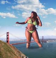 bikini breasts drawing giantess collage mega black_hair long_hair bridge looking_down dark_skin outdoors straddling golden_gate_bridge tekitocreations